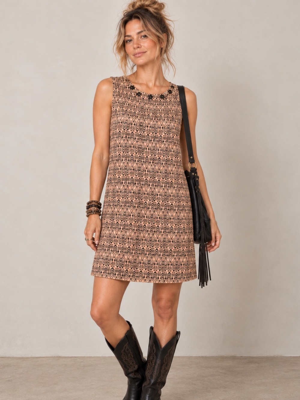 Maison Scotch Geometric Print Studded Shift Mini Dress